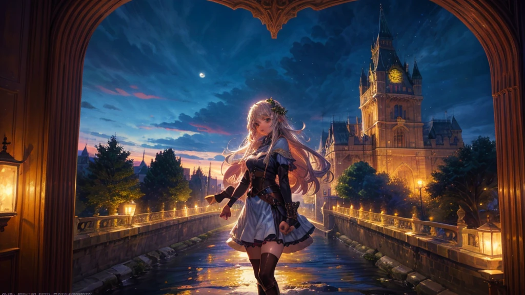Fantasy art, RPG Art, Princess looking out the window at the magic castle, A beautiful elven princess looks out her window at the enchanted castle, An impressive castle with great attention to detail, with tower, bridge, moat, Standing on the mountain top, moon, 