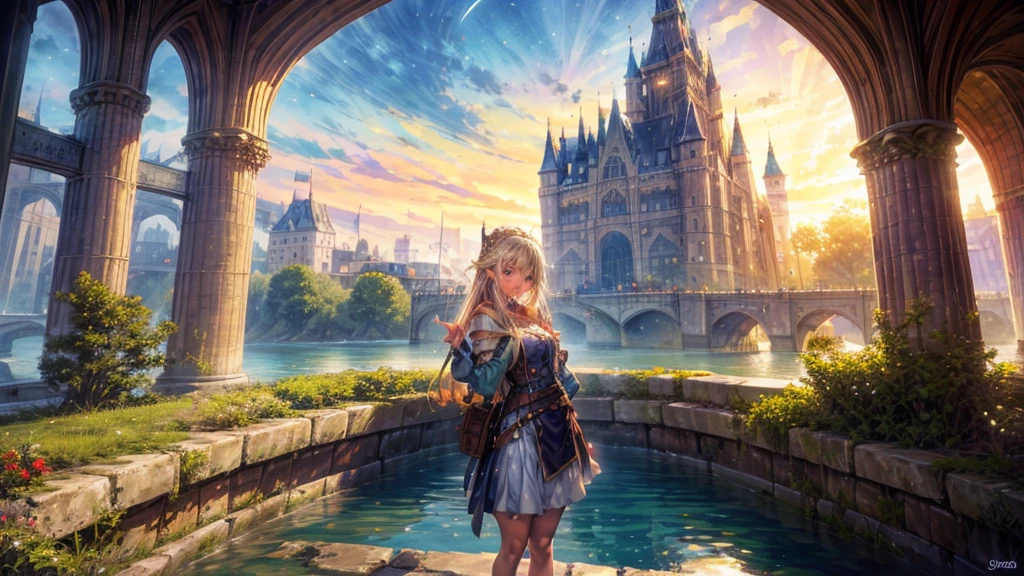 Fantasy art, RPG Art, Princess looking out the window at the magic castle, A beautiful elven princess looks out her window at the enchanted castle, An impressive castle with great attention to detail, with tower, bridge, moat, Standing on the mountain top, moon, 