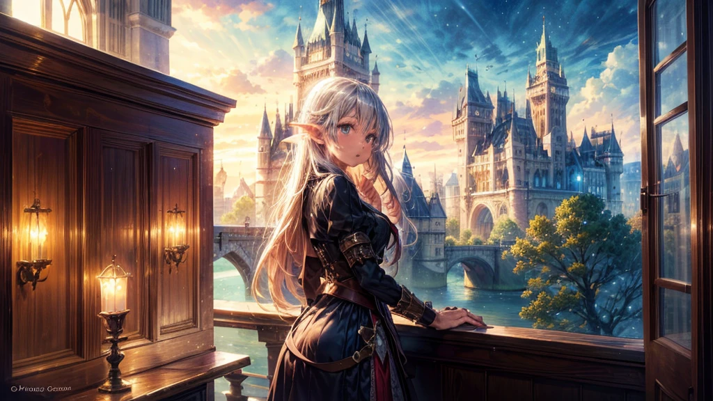 art fantastique, Art du RPG, Princesse regardant par la fenêtre du château magique, Une belle princesse elfique regarde par la fenêtre le château enchanté, Un château impressionnant avec une grande attention aux détails, avec tour, pont, fossé, Debout au sommet de la montagne, lune, 