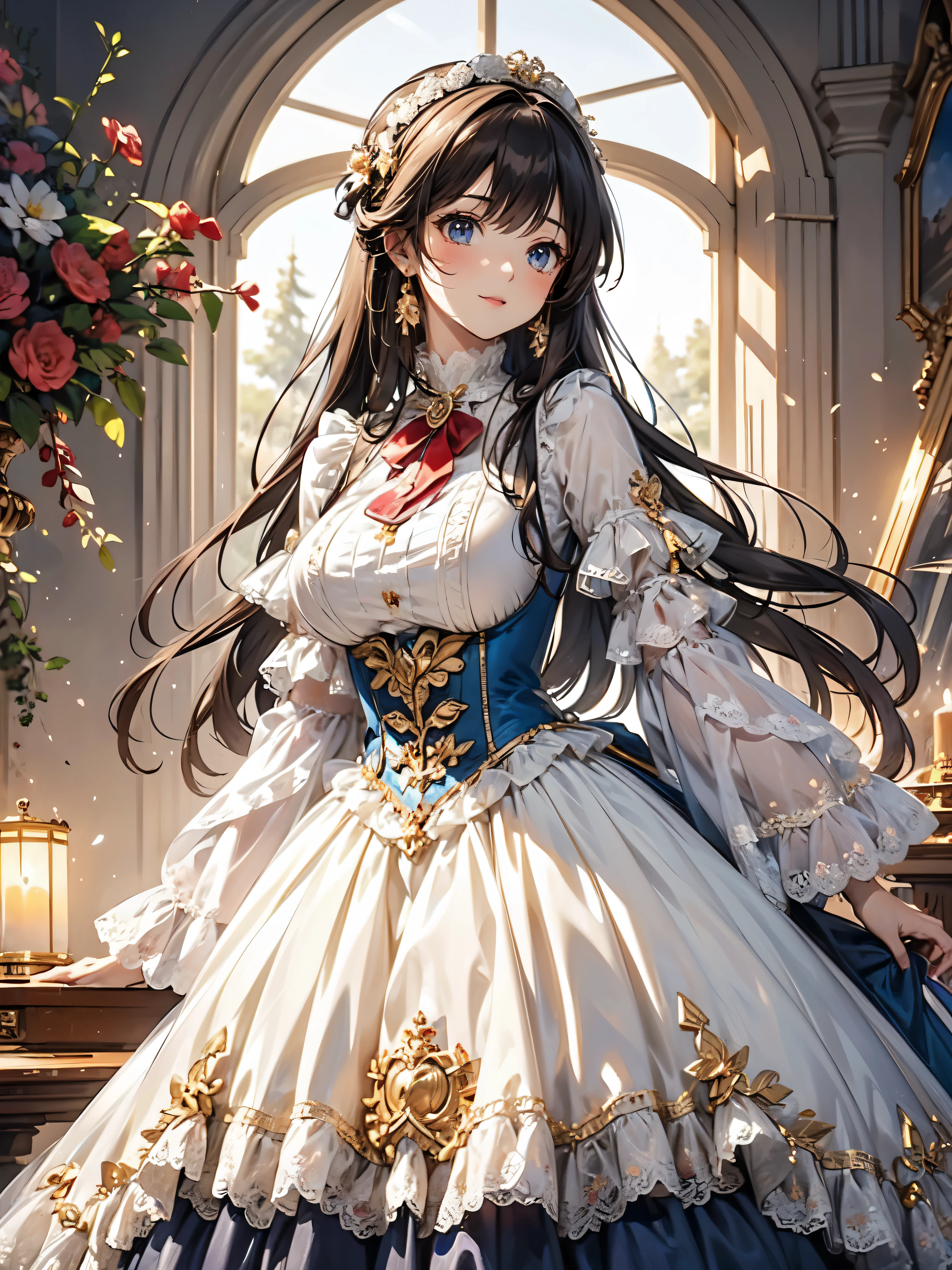 (((Ultra gorgeous beautiful dress is rococo victorian gown with hoopskirt and long hems))), (solo lady :1.2:huge breasts:1.2), (Expressive hair:1.1:very voluminous and very long hair:1.1), bangs, (cowboy shot:1.1), (super delicate face:1.3:masterpiece:1.3:ultra detailed:1.3:an extremely delicate and beautiful:1.2:unity 16k wallpaper:1.1), (moe anime art style:1.1),