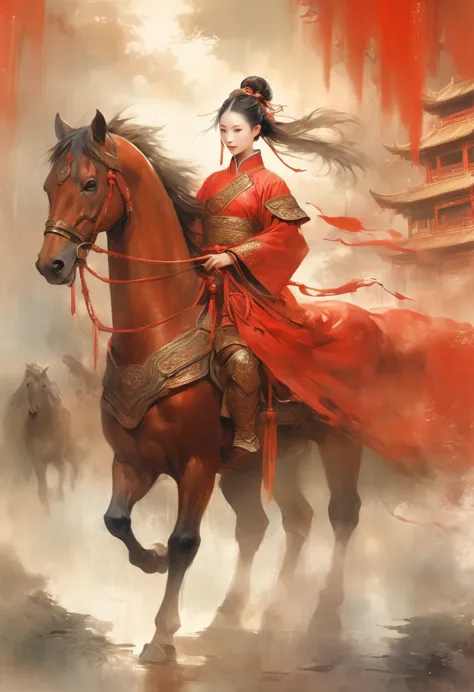 There is light rain under the sky, with elegant colors.A young ancient Chinese girl, with her hair tied up high, dressed in red ...