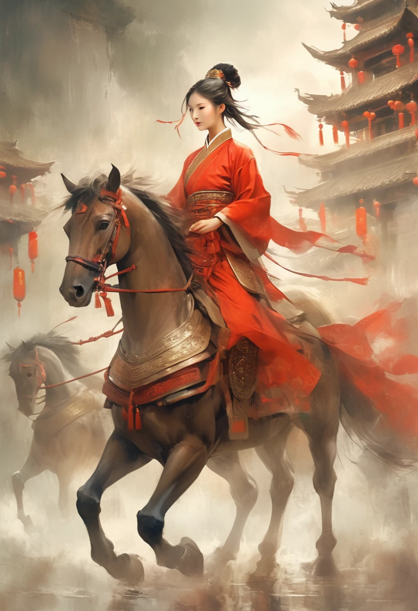 Hay una lluvia ligera bajo el cielo., con colores elegantes.Una joven china antigua, con el pelo recogido en alto, vestido con armadura roja y antigua, liderando un caballo， el fondo es la animada feria,la gran escena, la gran escena,atmosférico , en estilo de acuarela tenue