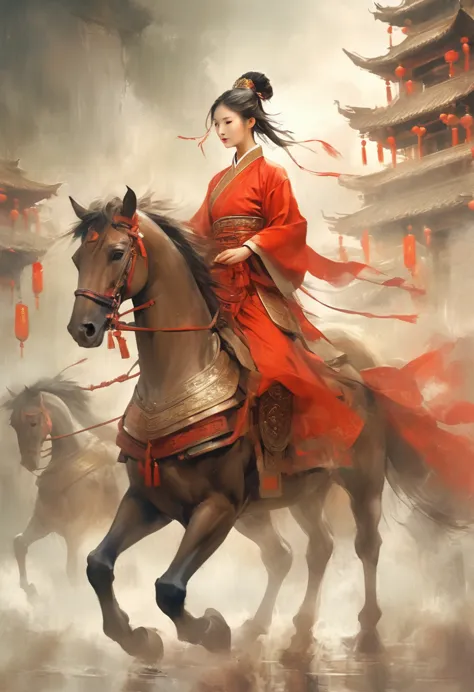 There is light rain under the sky, with elegant colors.A young ancient Chinese girl, with her hair tied up high, dressed in red ...