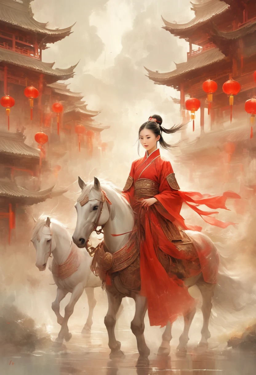 There is light rain under the sky, with elegant colors.A young ancient Chinese girl, with her hair tied up high, dressed in red and ancient armor, leading a horse， the background is the lively fair,the big scene, the big scene,Atmospheric , in style of faint watercolor