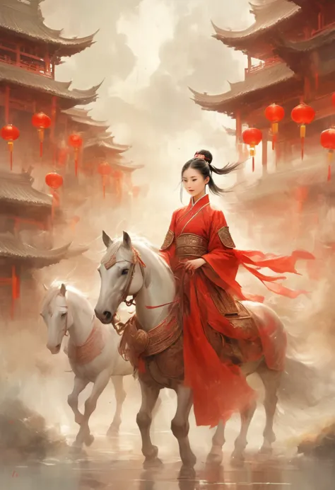 There is light rain under the sky, with elegant colors.A young ancient Chinese girl, with her hair tied up high, dressed in red ...