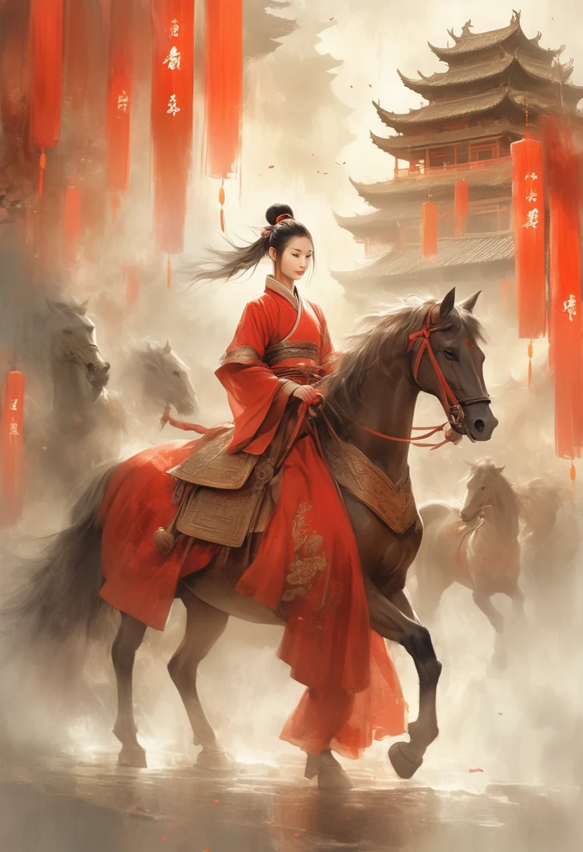 하늘 아래 비가 조금씩 내리고 있다, 우아한 색상으로.젊은 고대 중국 소녀, 머리를 높게 묶은 채, 빨간색과 고대 갑옷을 입고, 말을 이끌다， 배경은 활기찬 박람회입니다,큰 장면, 큰 장면,대기 , 은은한 수채화 스타일로