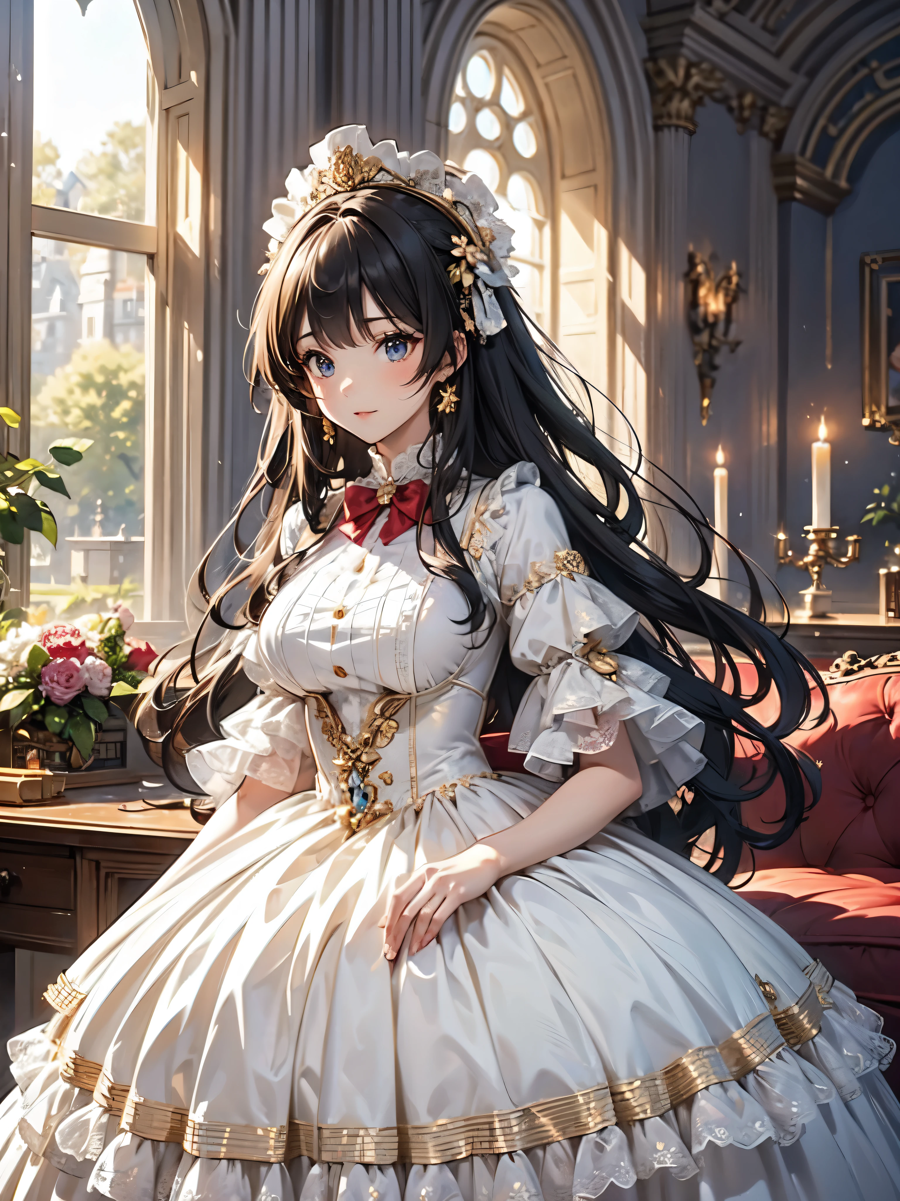 (((Ultra gorgeous beautiful dress is rococo victorian gown with hoopskirt and long hems))), (solo lady :1.2:huge breasts:1.2), (Expressive hair:1.1:very voluminous and very long hair:1.1), bangs, (cowboy shot:1.1), (super delicate face:1.3:masterpiece:1.3:ultra detailed:1.3:an extremely delicate and beautiful:1.2:unity 16k wallpaper:1.1), (moe anime art style:1.1),