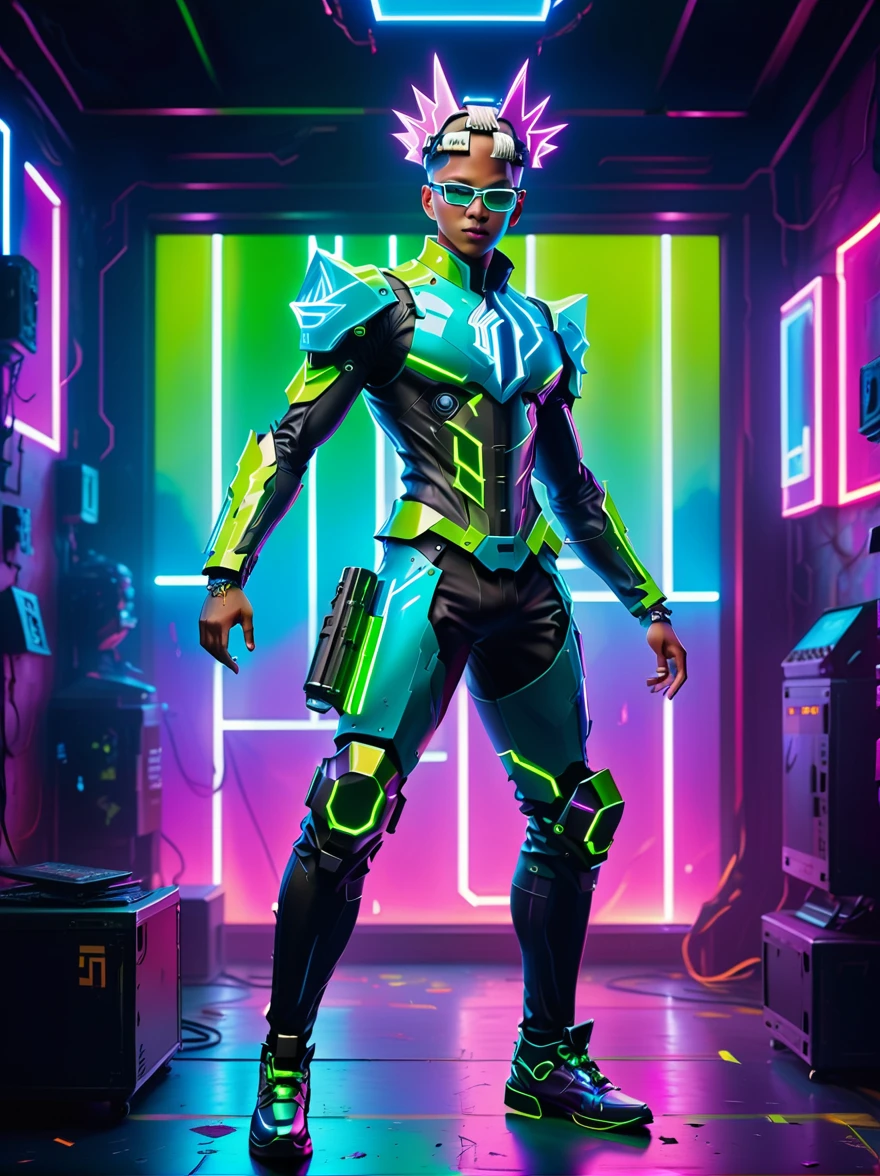 1 boy, Solitary, Lightning energy，Electricity elements，Wearing a pointed headdress，(Wearing large rectangular glasses:1.3)，Blue Highlight Lightning，Wearing bright blue and green square clothes，high-heel boots，Wields electric weapons，in a dynamic dancing pose within a colorful virtual reality world teeming with neon lights and vibrant holograms. The scene bears the influences of both pop art and graffiti, a truly cyberpunk-inspired ensemble with explosive energy, created using digital painting methods and radiant, glowing effects，(whole body:1.5)，Cartoon Style, Super Detail，Anatomically correct，masterpiece