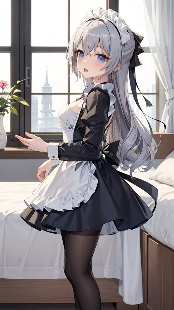 masterpiece, best quality, perfectfeatures, Intricate details, Ray Tracing, illustration,1 Girl, Bronya Zajczyk, Solitary, maid, maid headdress, maid apron, A faint smile, Pantyhose, open mouth, blush, Open your mouth, Looking at the audience, bedroom, indoors, Depth of Field ,  