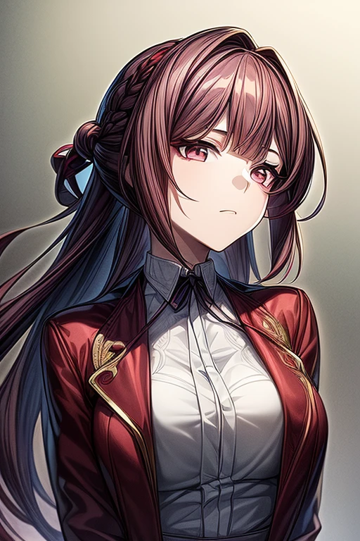 (masterpiece, best quality, perfect face, expressive eyes), 1girl, (anime), (adult), (long burgundy hair), (gray eyes), burgundy suit, white vest, hair accessory, intricate details, 