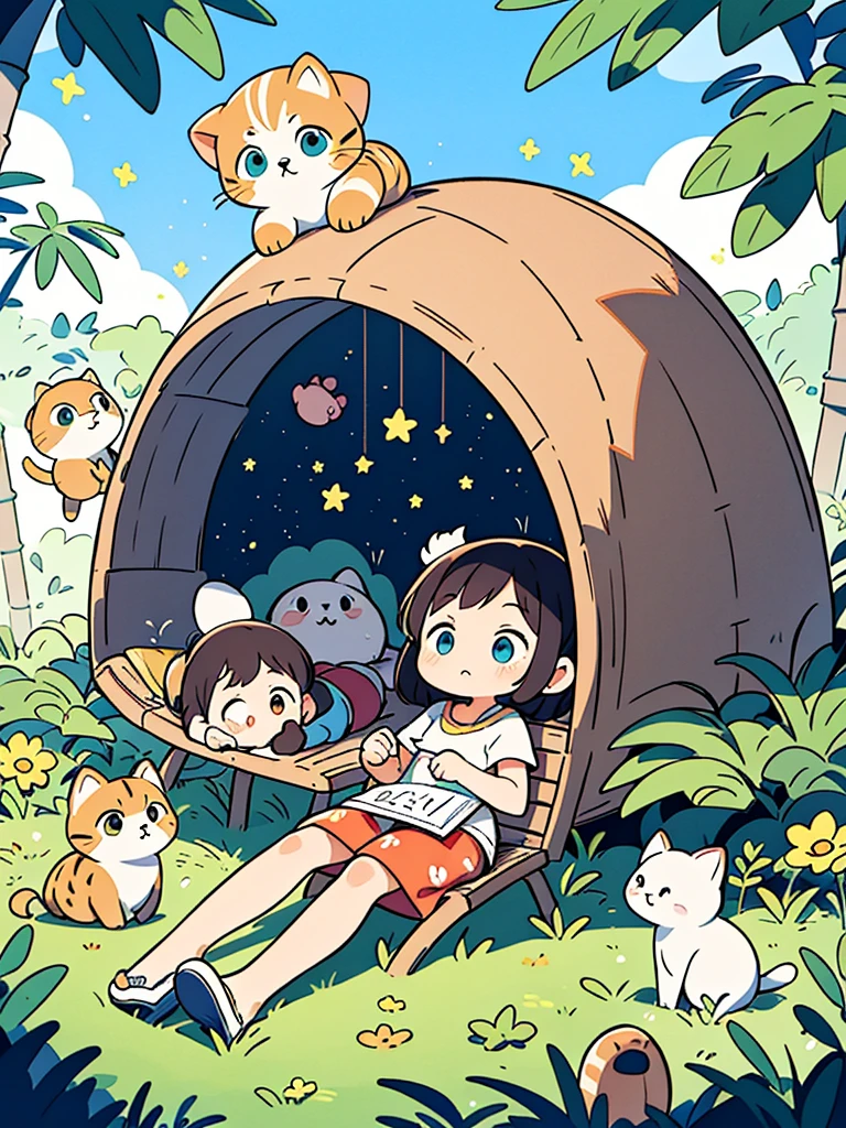 One summer night,there were stars in the sky. The old lady was lying on a bamboo chair,with a cute little cat beside her. The  was sitting on the grass,hand drawn style,children's illustrations,flat illustrations,masterpiece,best quality,