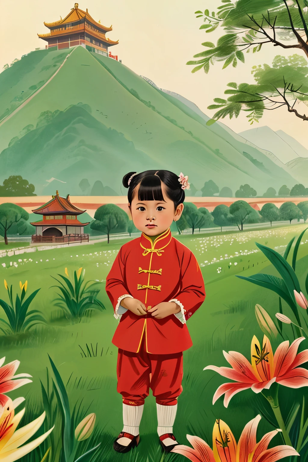 Puwei, China, 1828. A little ((((5-year-old)) Lily)), girl, in the farm, ((((chinese clothings from the 1820s)))), ((short bob hairstyle of the 1820s)), ((colorful))