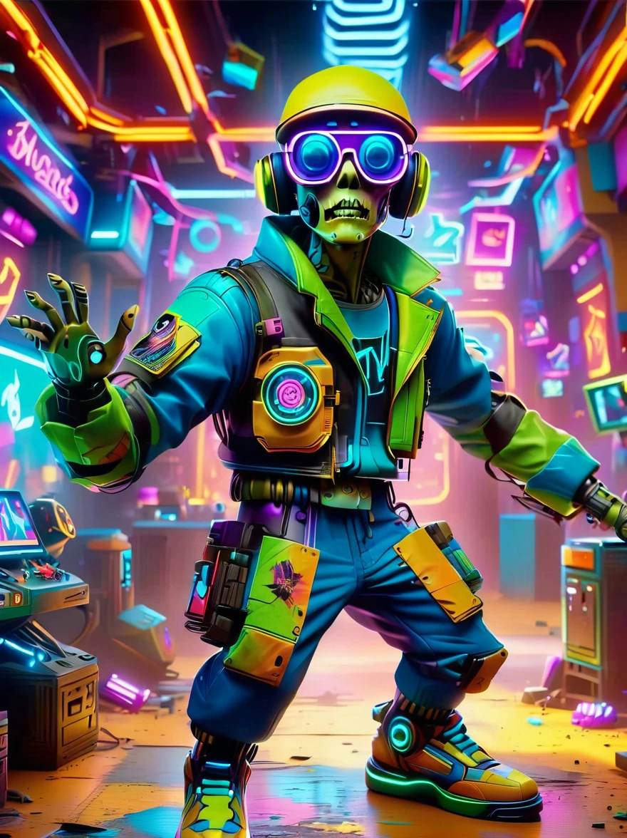 best quality, masterpiece, 3d, Pixar Artwork, Electronic variants, Cartoon zombie with big glasses in the factory，in a dynamic dancing pose within a colorful virtual reality world teeming with neon lights and vibrant holograms. The scene bears the influences of both pop art and graffiti, a truly cyberpunk-inspired ensemble with explosive energy, created using digital painting methods and radiant, glowing effects