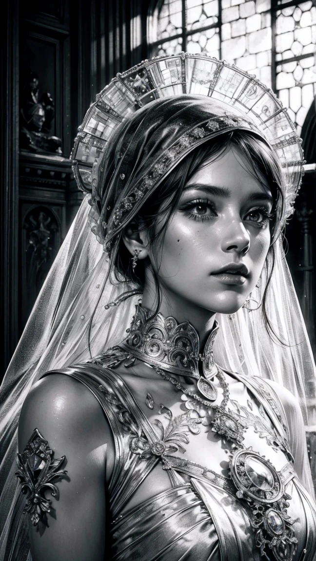 Portrait of woman, catholic virgin, dress with transparent veil , whole body, (8k, photo and gross, of the highest quality), Hyper realistic, intricate summary, Intricate artwork, abstract style, Striking portrait, threatening, creature from another world, , [Temple, roman church , landscape with many lights and reflections of stained glass and geometric shapes, ethereal presence, non-representational, pencil drawing and shapes, expression of feelings, imaginative, Very detailed, transparencies, shadows, Contrasts, Extremely high resolution details, photographic, Realism taken to the extreme, fine texture, 4k, ultra detailed, high quality, high contrast made of resin ,black and white drawing