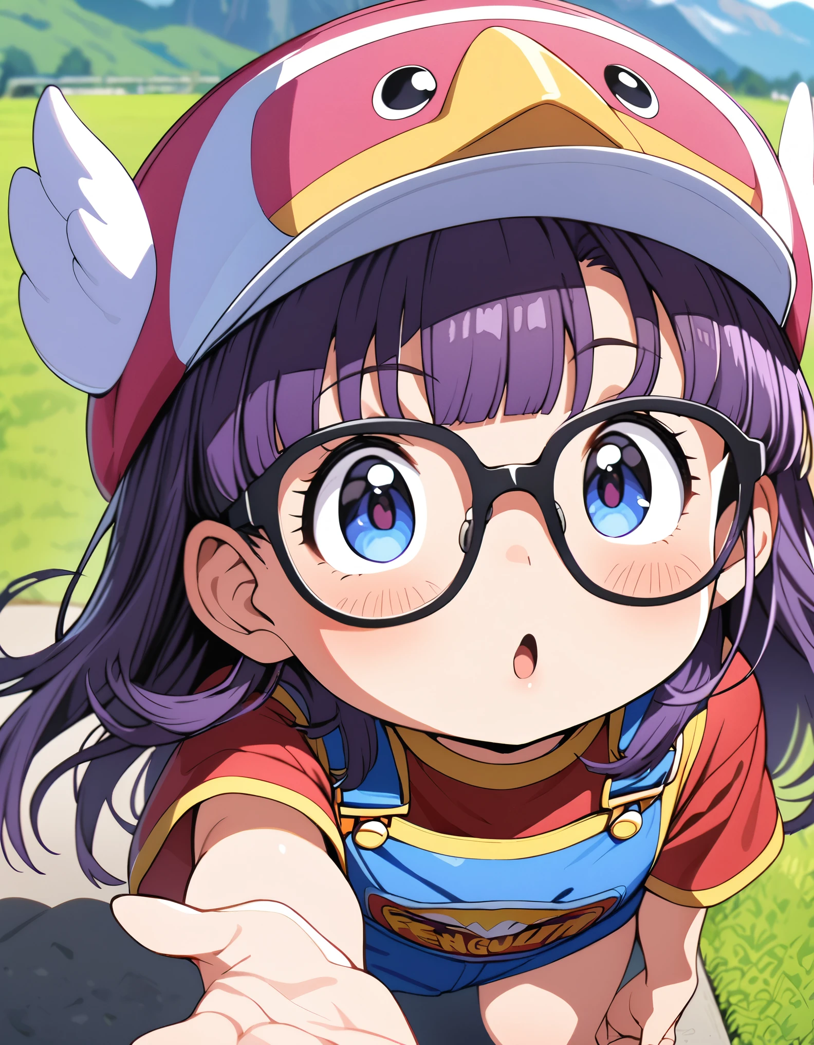 masterpiece, best quality, very aesthetic, absurdres, 1girl, Glasses with heart-shaped frames, (large pink heart-shaped glasses, decorated with transparent polygonal cut-out beads and sparkling), ds-norimakiarale, purple hair, long hair, blue eyes, pink-framed eyewear pink hat, winged hat, ds-norimakiarale outfit, red shirt, blue overalls, yellow socks, blue shoes, close-up of face