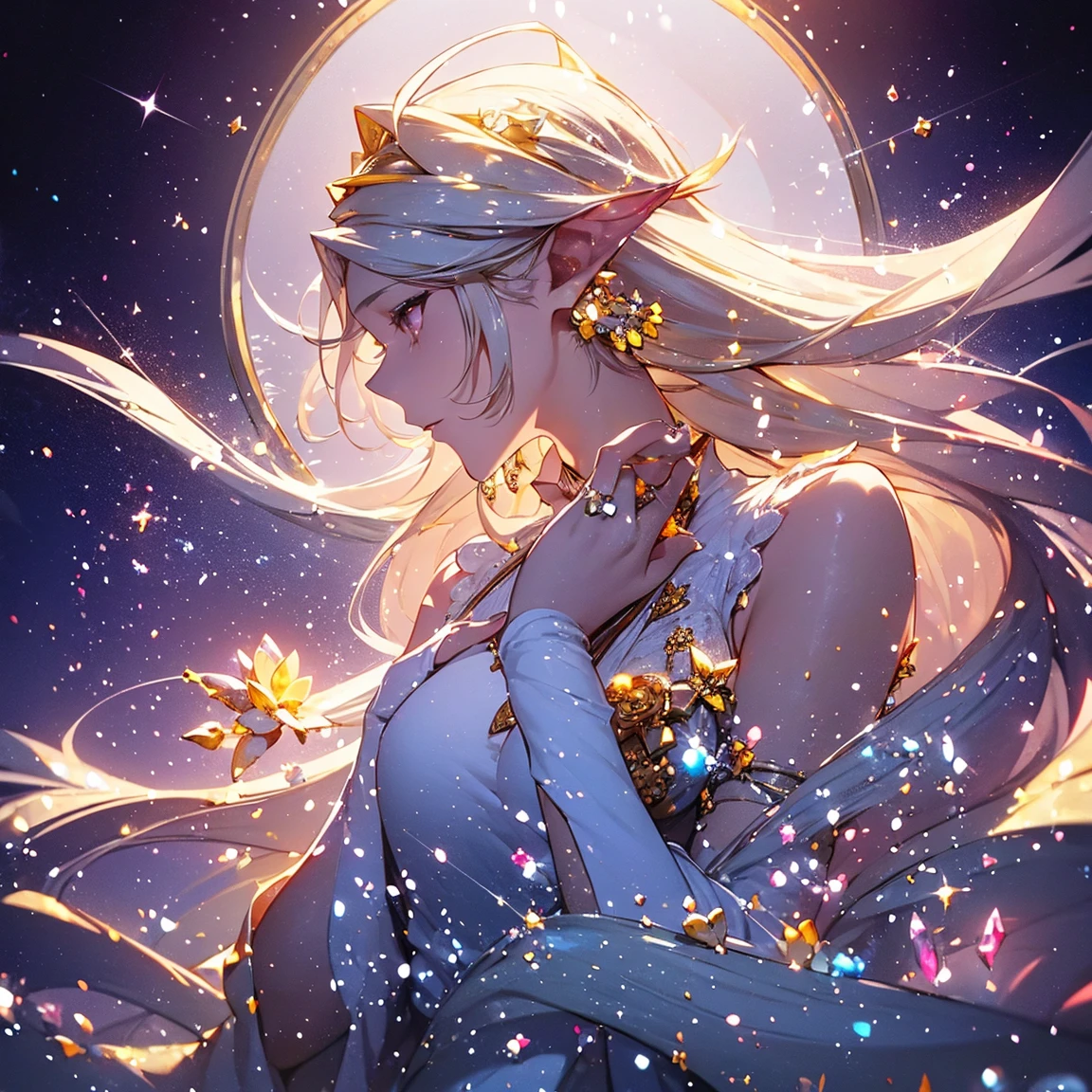 With topaz motif,Pretty, one person, yellow hair, ahoge, hair behind ear, hime cut, crystal hair, flower,water, pupils sparkling, diamond-shaped pupils, Genre painting, sparkle, reflection light, move chart, anatomically correct, textured skin, super detail, high quality, highres,Fine-grained skin,The big picture,garnet-like beauty,It's like a jewel,Diamonds scattered around,Fine-grained light,masterpiece,bust,silk,mysterious,(Detailed Hair)++++,Worthy of God,Reflected light,Composition in motion,Detailed clothing,Trending,Detailed pupils,dress,jewel hair,Realistic light,profile,yellow,tachi-e, Fujifilm, from side,anatomically correct, award winning, high details, ccurate, UHD, tachi-e,light powder,emerald,(Detailed Hands)+,China,jewel,yellow flower,,Detalied jewel,ultra Dateiled,