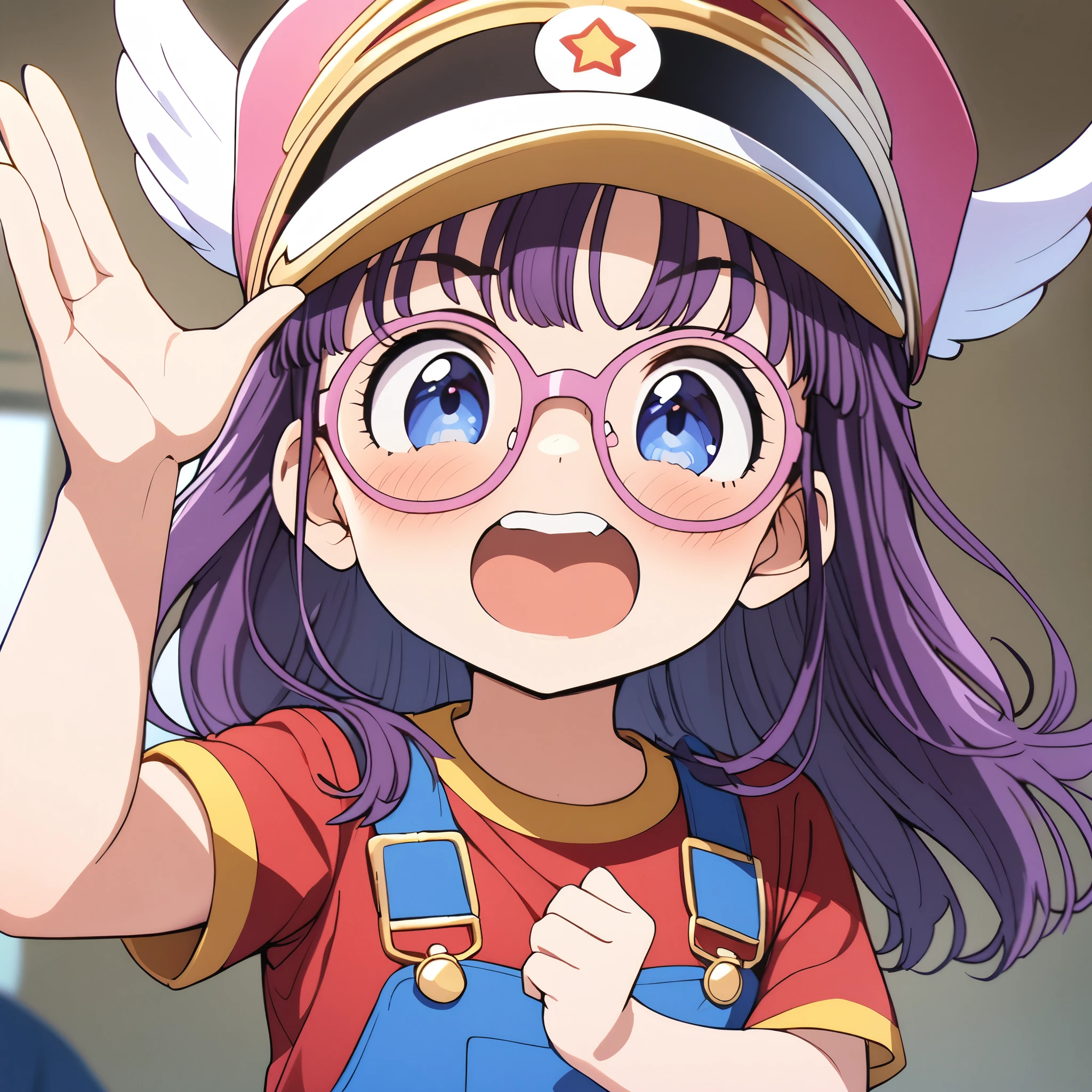 masterpiece, best quality, very aesthetic, absurdres, 1girl, Glasses with heart-shaped frames, (large pink heart-shaped glasses, decorated with transparent polygonal cut-out beads and sparkling), ds-norimakiarale, purple hair, long hair, blue eyes, pink-framed eyewear pink hat, winged hat, ds-norimakiarale outfit, red shirt, blue overalls, yellow socks, blue shoes, close-up of face