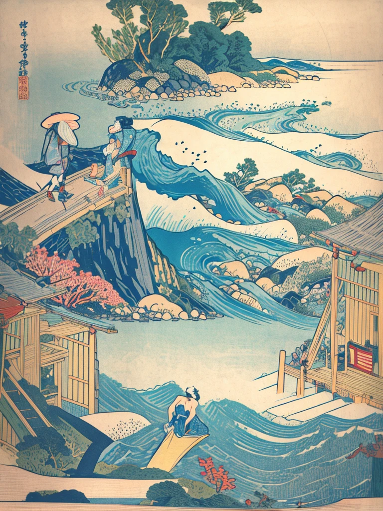 Uma vista do mar com uma samurai feminina ciborgue no estilo de Katsushika Hokusai