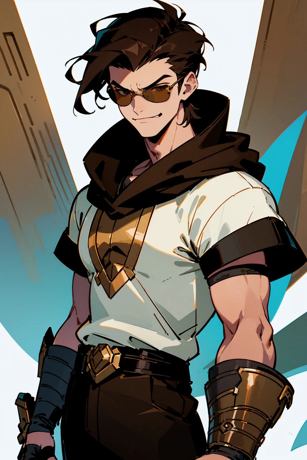 ((illustration)), (best quality)), ((masterpiece)), (detailed), ((white background)), teenage, boy, dark hair, brown eyes, muscular, shirt, black hoodie, sunglass, smirking, solo, gauntlet, day, stylish, slick hair,