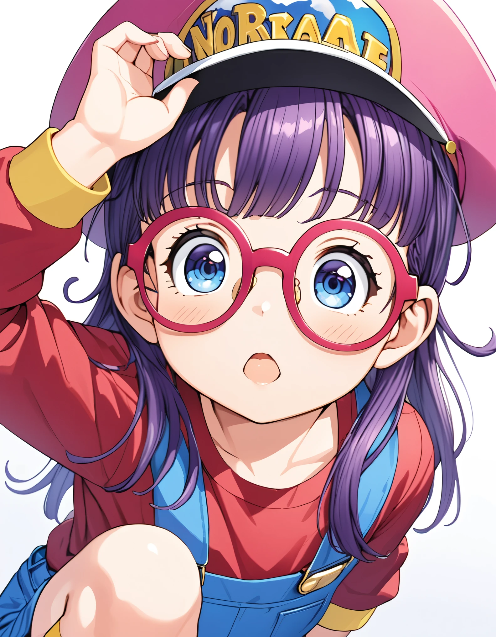 masterpiece, best quality, very aesthetic, absurdres, 1girl, Glasses with heart-shaped frames, (large pink heart-shaped glasses, decorated with transparent polygonal cut-out beads and sparkling), ds-norimakiarale, purple hair, long hair, blue eyes, pink-framed eyewear pink hat, winged hat, ds-norimakiarale outfit, red shirt, blue overalls, yellow socks, blue shoes, close-up of face