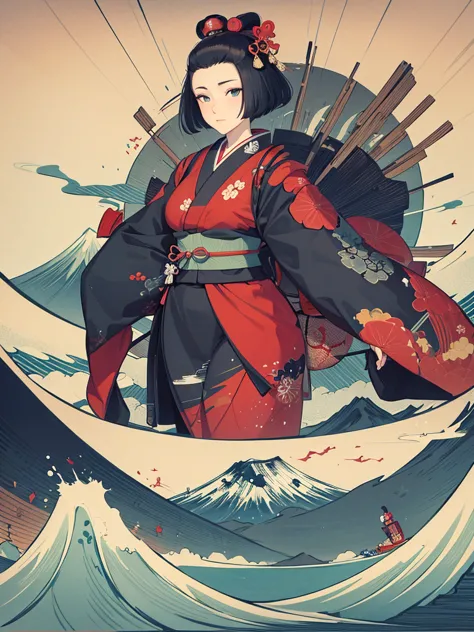 A view of the fujiyama with a female cyborg in the style of katsushika hokusai