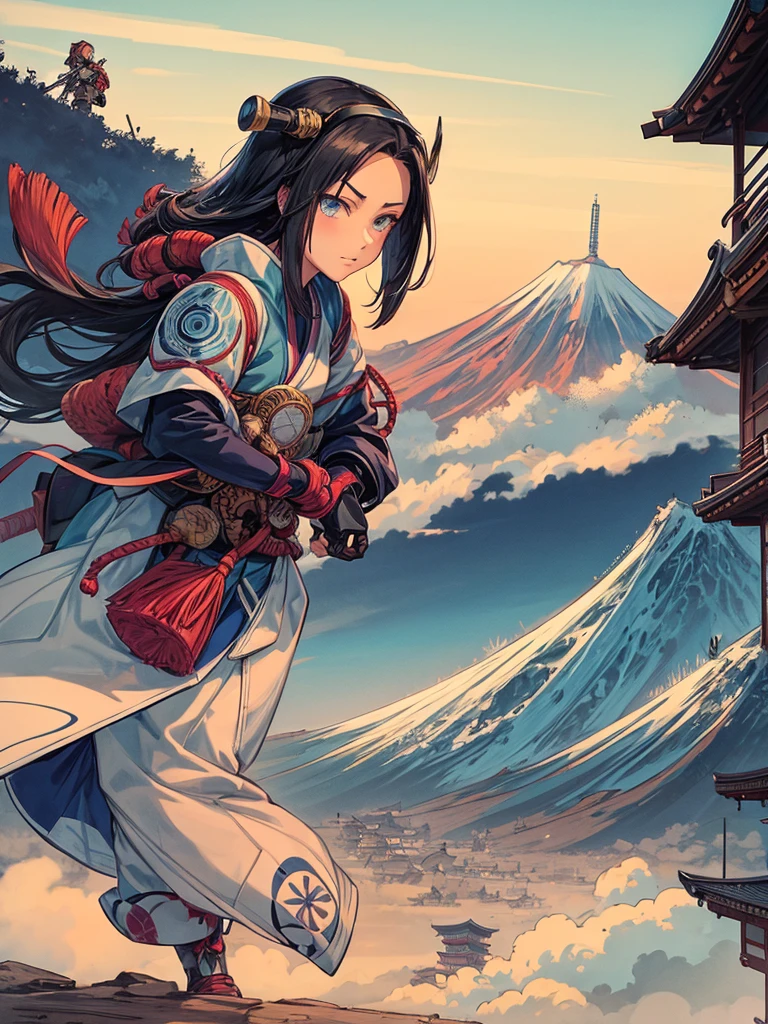 富士山的景色与女性机器人像战斗天使阿丽塔在葛饰北斋的风格