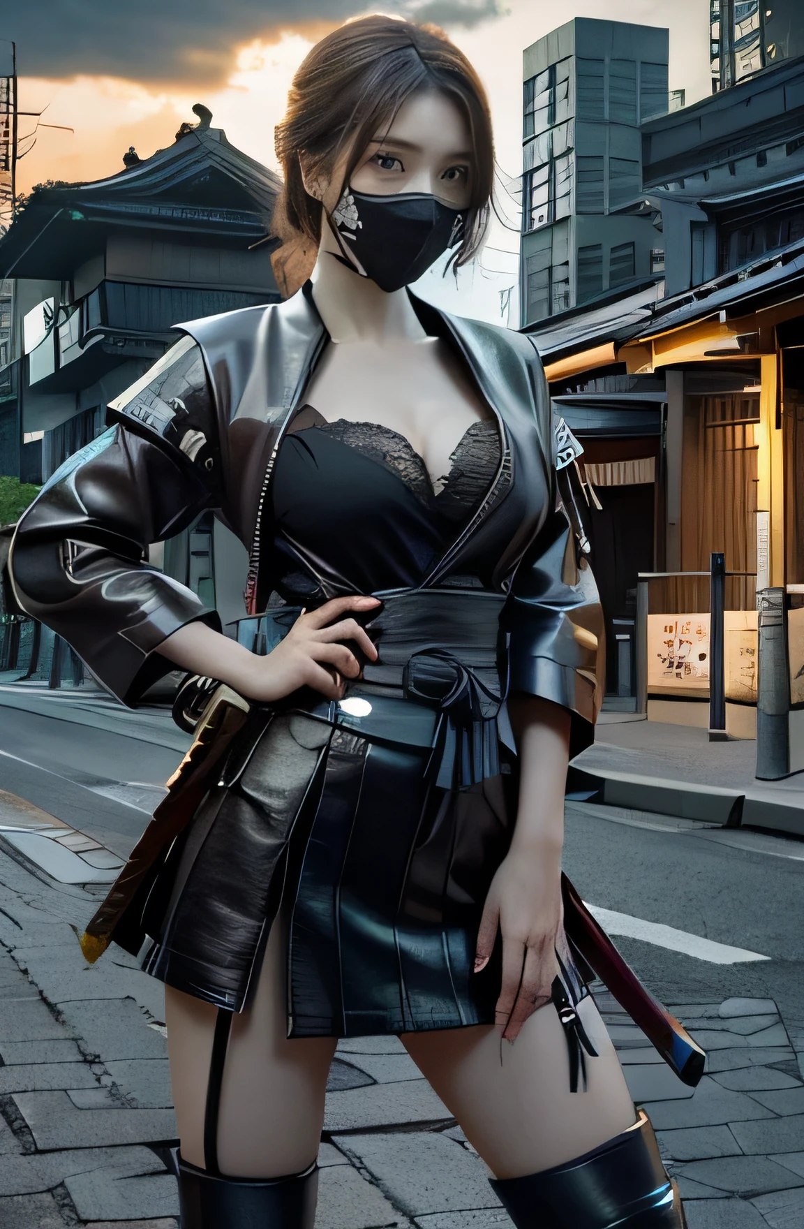 1girl,Tokyo Street,night,cityscape,facial details,city lights,half body view,big ,cleavage,8k,RAW photo,best quality,masterpiece,realistic,photo-realistic,best quality,masterpiece,very high resolution  , (photorealistic:1.3 ), 8K, raw photo, 1girl, ninja armor, outdoors, old Japanese town, from below, (holding katana:1.2), katana, ninja girl, natural skin texture, samurai, skin pores  , natural skin texture, dynamic pose, film grain, 