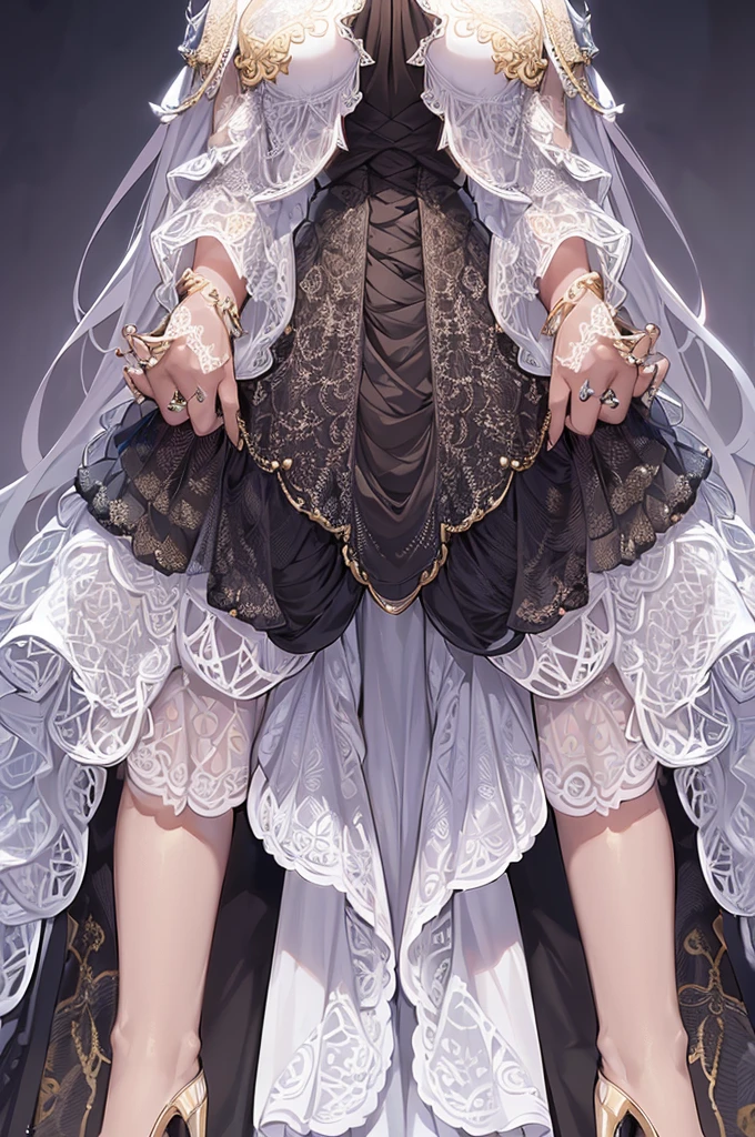 A feminine but muscular figure, a few centimeters larger than a typical human. She is dressed in a black suit with a small black skirt and high heels., although the outfit is designed to look like a wedding dress. The waist up is covered in a white fabric with intricate lace details. It is covered with golden jewels, a golden collar, earrings and a ring.