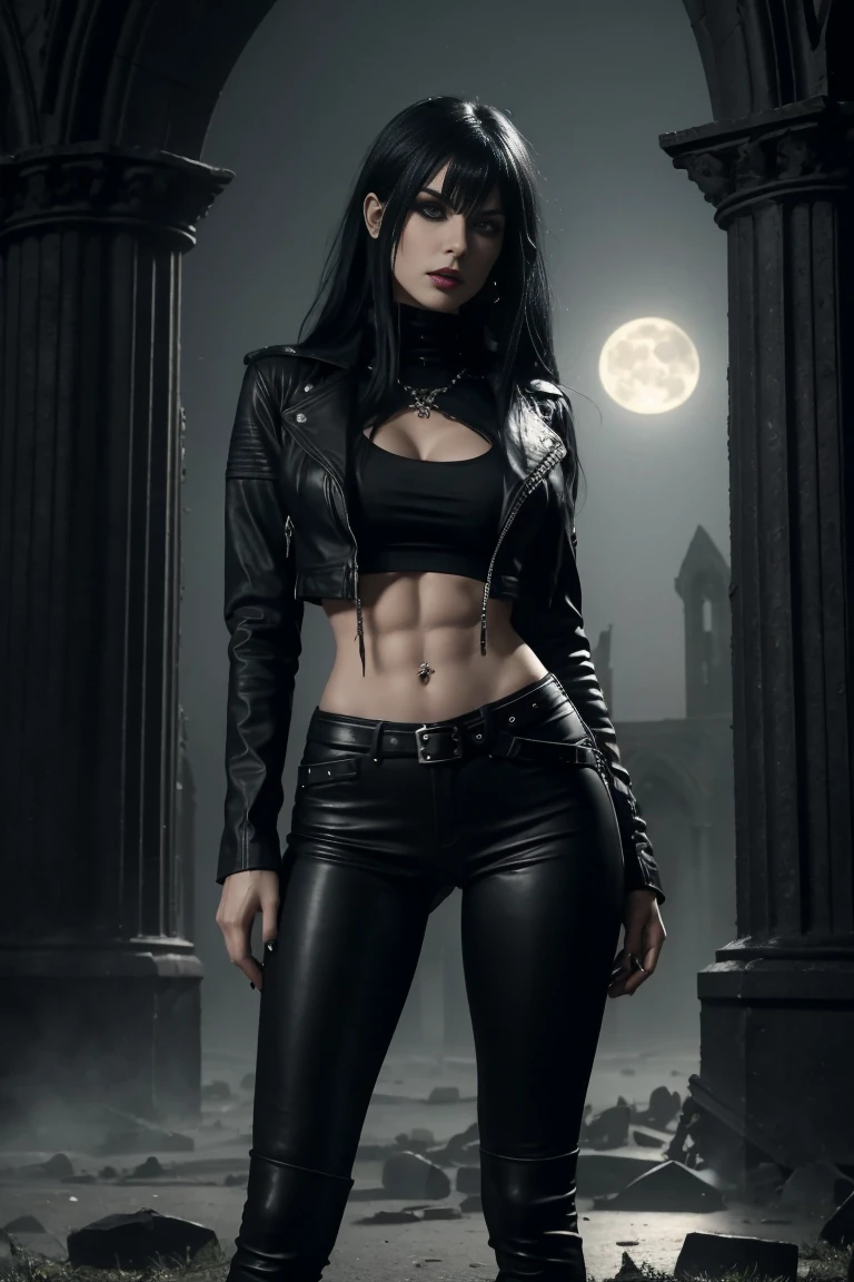 gothic rock woman Long black hair with bangs, thin waist, thick thighs, big breasts, six pack abs, toned legs, biceped, leather t-shirt, black leather jacket, Black leather pants, Black combat boots, Goth makeup, black eyeliner, woman, attractive body, hot body, thick thighs, very thin waist, six pack abs, thick lips gothic ancient Gothic Cathedral in front of the ruined altar of in front of the ruined altar of an ancient gothic cathedral at night in the moonlight in dense fog