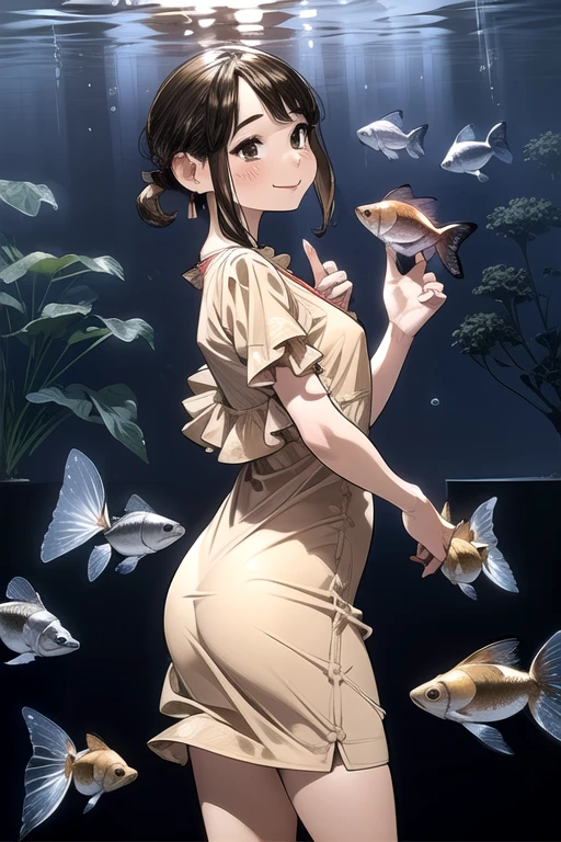 Very detailed, high quality:1.5, masterpiece, beautiful, Film Portraits,norfleet,(dark),((douki-chan)),short ponytail,office lady,jewelry,earrings,no sleeve,Shoulder,one piece,(((Beige long dress))),(((Tilt  head))),Put your hands behind your back,turn around,Ass,((aquariumの水槽)),Nobody is here,aquarium,(Red cheeks),((smile)),There are many fish swimming in the aquarium,Reflection of light,dark照明,beautiful脚,Shiny legs,Handbags,((Lovely)),very cute