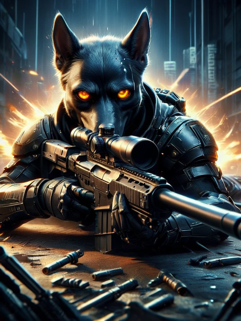 un chien ratero majorquin aux couleurs blanc et noir et marron, dans un body de style cyberpunk, des lunettes de soleil,gants noirs, Affiche de film, style de matrice, explosion, fusil de sniper à grain de film
