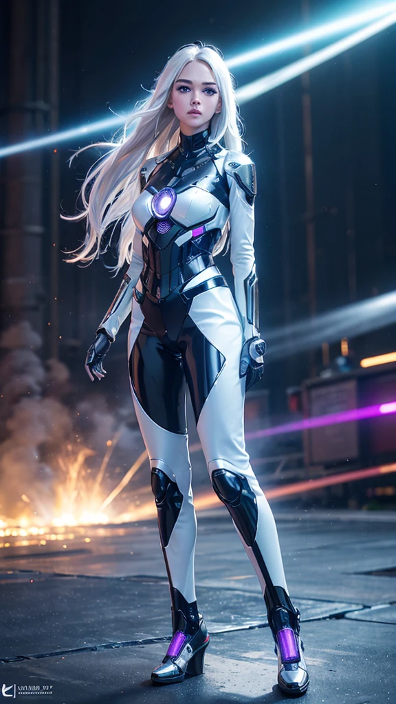 1girl, ultra realistic, ultra crisp, NVIDIA RTX, unreal engine, perfect slim body, realistic face, perfect face, realistic body, ultra skin details, ultra skin reflection details, white hair, hair blown with strong winds, hyper lights rendering, ultra details, glowing eyes, purple eyes, blush, parted lips, cybernetic ear, cinematic lights, glowing cybernetic metalic hands, glowing cybernetic metalic legs, luminous cybernetic futuristic metalic mechanical body, ultra realistic lights reflection details, ((full body shown)), from below, posing in the middle.