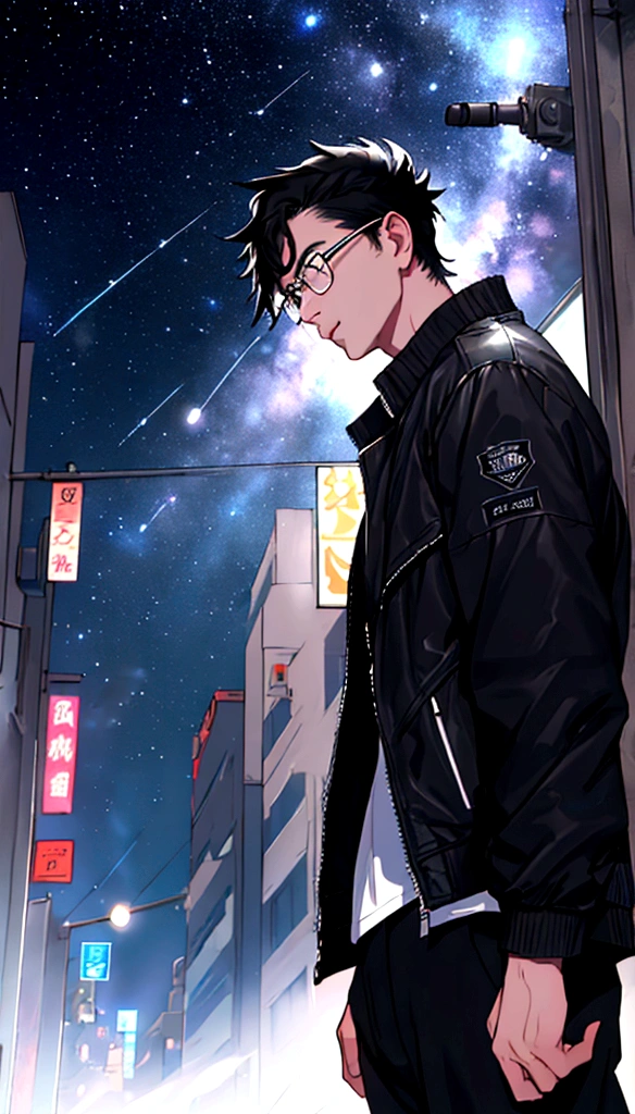 masterpiece、Adult male in his 30s、Twink、30 years old、Black Hair、Black jacket、Black trousers、White T-shirt、Very handsome、Glasses、In the city、Starry Sky、Mysterious Light、Dramatic Light、The power of film