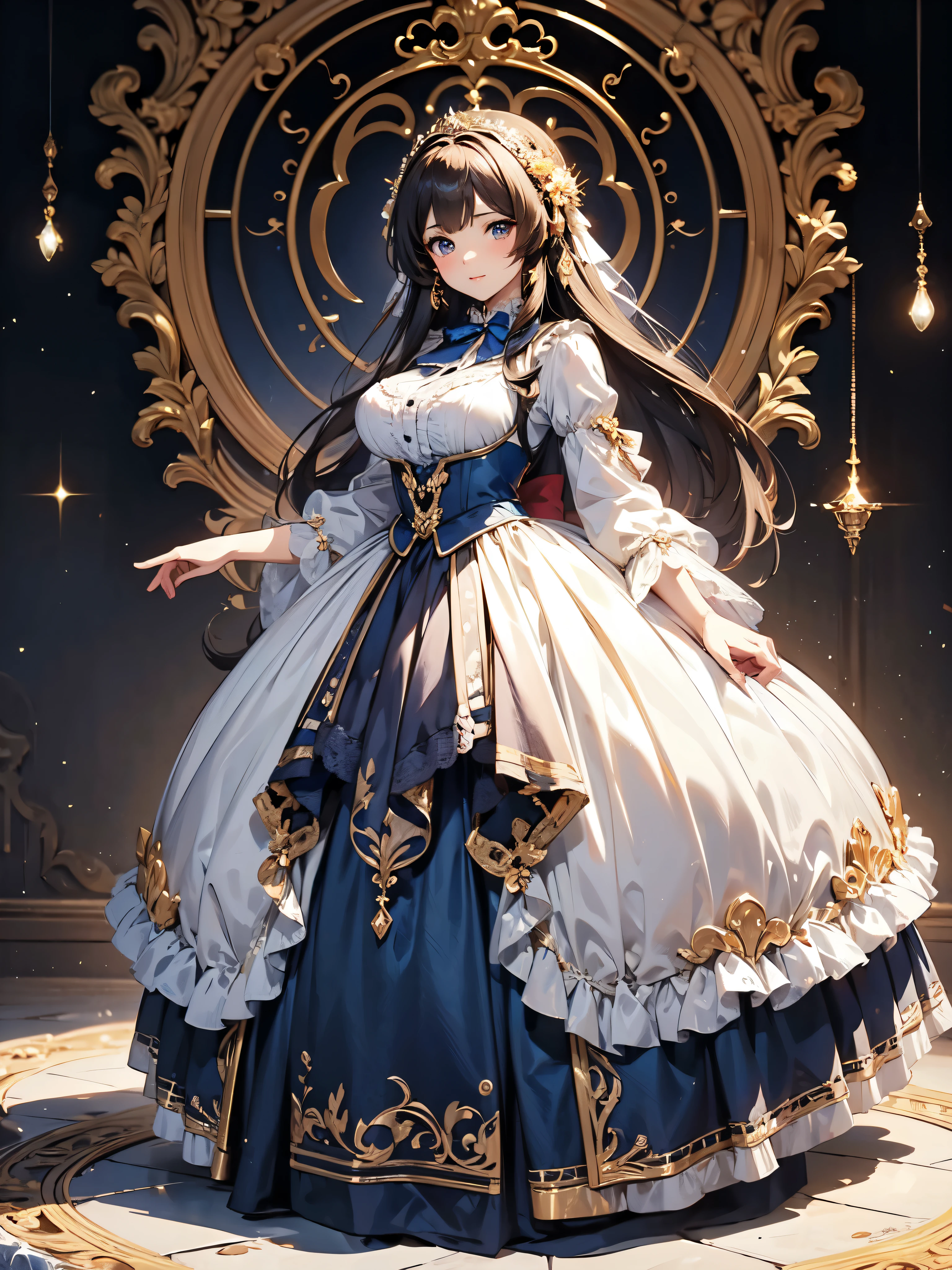 (((Ultra gorgeous beautiful dress is rococo victorian gown with hoopskirt and long hems))), (solo lady :1.2:huge breasts:1.2), (Expressive hair:1.1:very voluminous and very long hair:1.1), bangs, (full body:1.3), (super delicate face:1.3:masterpiece:1.3:ultra detailed:1.3:an extremely delicate and beautiful:1.2:unity 16k wallpaper:1.1), (moe anime art style:1.1),