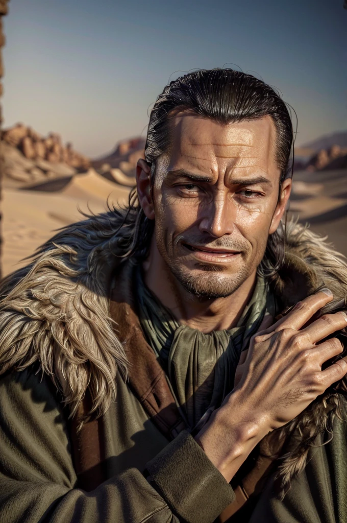 masterpiece, best quality, extremely detailed, hyperrealistic, photorealistic, a cool 40s man, ultra detailed face:1.2, fur-trimmed coat, scarf around the neck, extreme close-up shot, desert, arm up:1.2, hand on own chin:1.2, face palm:1.2, sly smile
