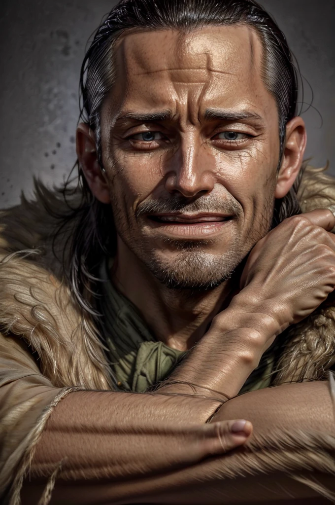 masterpiece, best quality, extremely detailed, hyperrealistic, photorealistic, a cool 40s man, ultra detailed face:1.2, fur-trimmed coat, scarf around the neck, extreme close-up shot, desert, arm up:1.2, hand on own chin:1.2, face palm:1.2, sly smile
