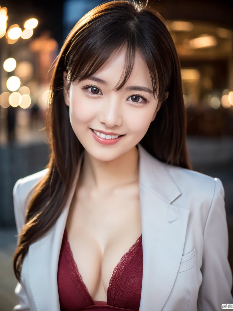 8k, (Raw photo:1.2), (Photorealsitic), Beautiful detailed, Famous popular actresses、 (Real: 1.4), extremely detailed eye and face, beatiful detailed eyes, ((Dazzling night illumination plaza:1.2)), ((Women's Suits:1.3, Ultra-realistic pantyhose:1.2))、selfee、Instagram、harsh trial, Please look at the camera and raise your hand、huge filesize, hight resolution, ighly detailed, top-quality, [​masterpiece:1.6], illustratio, ighly detailed, nsfw, finely detail, top-quality, 8k wallpaper, Cinematographic lighting, 1 milf, 19 year old, perfect body type, Beautiful big drooping eyes、Pieckfinger, ((masutepiece)), Best Quality, eye shadow,  high-heels、Portrait、(Very affectionate smile:1.2)、realistic skin textures、shinny skin、Exposed thighs, low angle photo, inverted nipples,