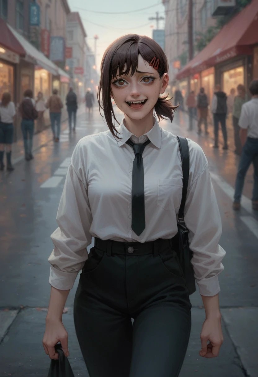 Kobeni Higashiyama de Chainsaw Man vestida como uma mulher sem-teto vivendo na rua com uma atitude feliz