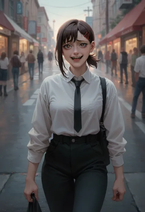 Kobeni Higashiyama from Chainsaw Man dressed as a homeless woman living on the street with a happy attitude