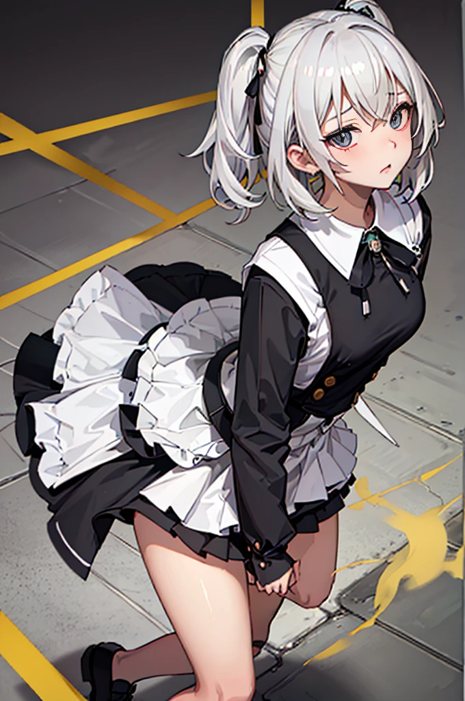 Silver Hair、Bob Hair ((()))(High quality eyes) ,(Turn around) Big Breasts (((solo))),  Embarrassed,  blush, Black Uniform、I'm pulling up my skirt (((A girl farts)))Standing with legs together
、(Holding on)((Her butt is facing me))(Loli face)(Yellow gas coming out of the anus)