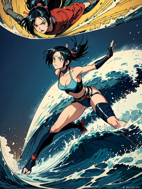 battle angel alita in a scene like the big wave by katsushika hokusai