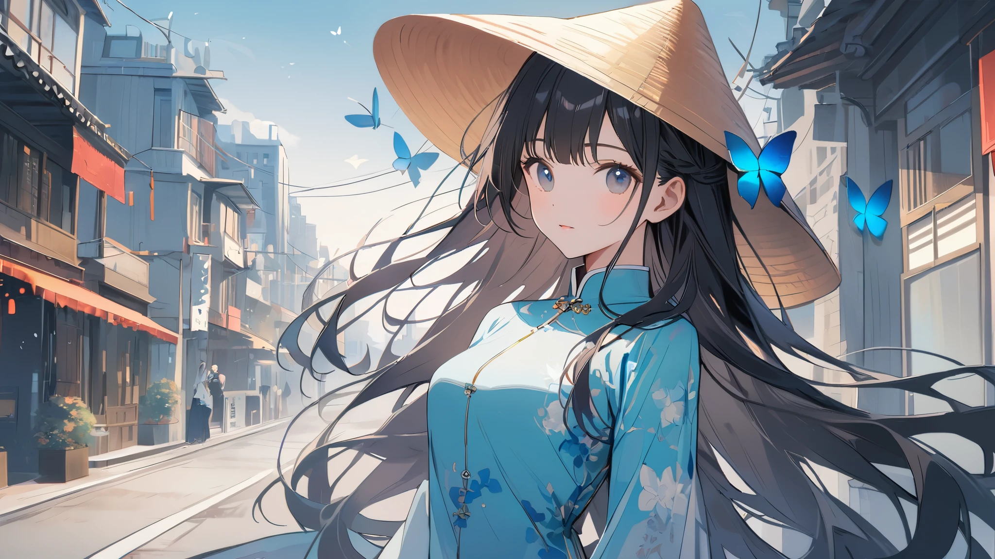 超High resolution, Attention to detail, high quality, High resolution, 最high quality, 4K, 8K, Awards、((ao dai))、(conical hat)、Pale sky blue color、cute,Black Hair、Long Hair、Butterflies flying around、Vietnam cityscape background、(Wallpaper-style design)