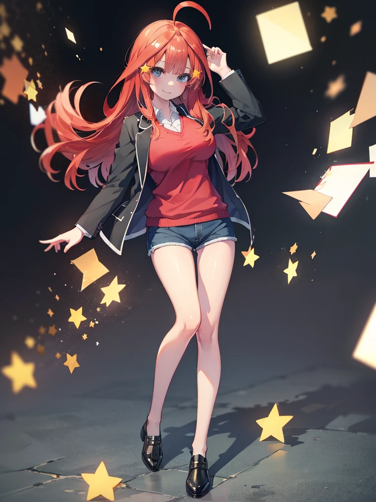 (8K, Highest quality, Highest quality, masterpiece), aaitsuki, long hair, ahoge, star hair ornament, (fullbody), smile, school uniform, blazer, black jacket, open jacket, red sweater, long sleeves, (denim hot shorts), (mini shorts), big breasts