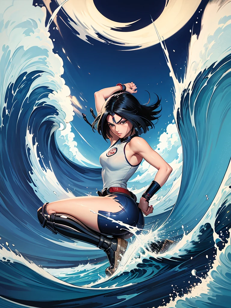 battle angel alita in a scene like the big wave by katsushika hokusai