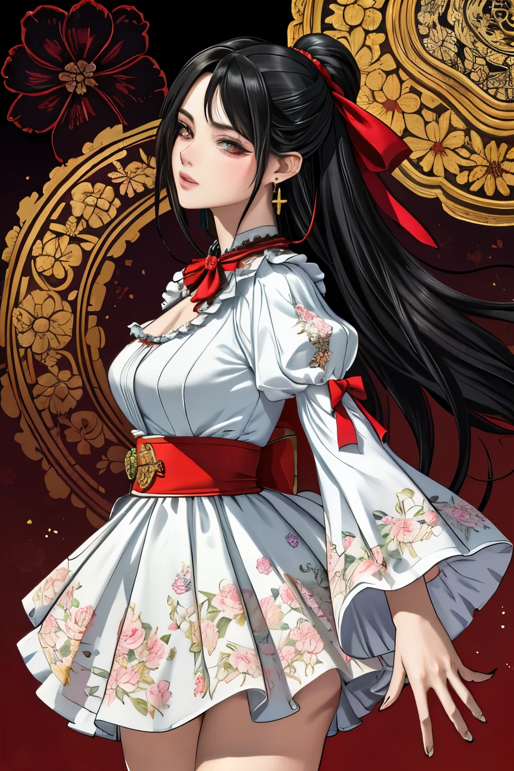 (​masterpiece, top-quality, top-quality, Official art, Beautifully Aesthetic:1.2), red eyes, (highest quality, masterpiece painting:1.3), immature woman, 16 years old, (half body shot), masterpiece, ultra high resolution, (((rainbow dress, ornate dress, puffy sleeves, juliet sleeves, (long sleeves:1.2), red bow,))), Decorative panel, abstract art, (shot from a side angle), (Photoreal:1.0), ((light black hair)),straight hair, beautiful shining hair, white and shining skin, Painterly, sketch, Texture, 超A high resolution, solo, Beautuful Women, A highly detailed, (Fractal Art:1.1), (colourfull:1.1), (florals:1.6), The most detailed, (Zentangle:1.2), (Dynamic Poses), (Abstract background:1.3), (shinny skin), (Many colors:0.8), (earrings:1.4), (pluma:0.9), Taisho romance,