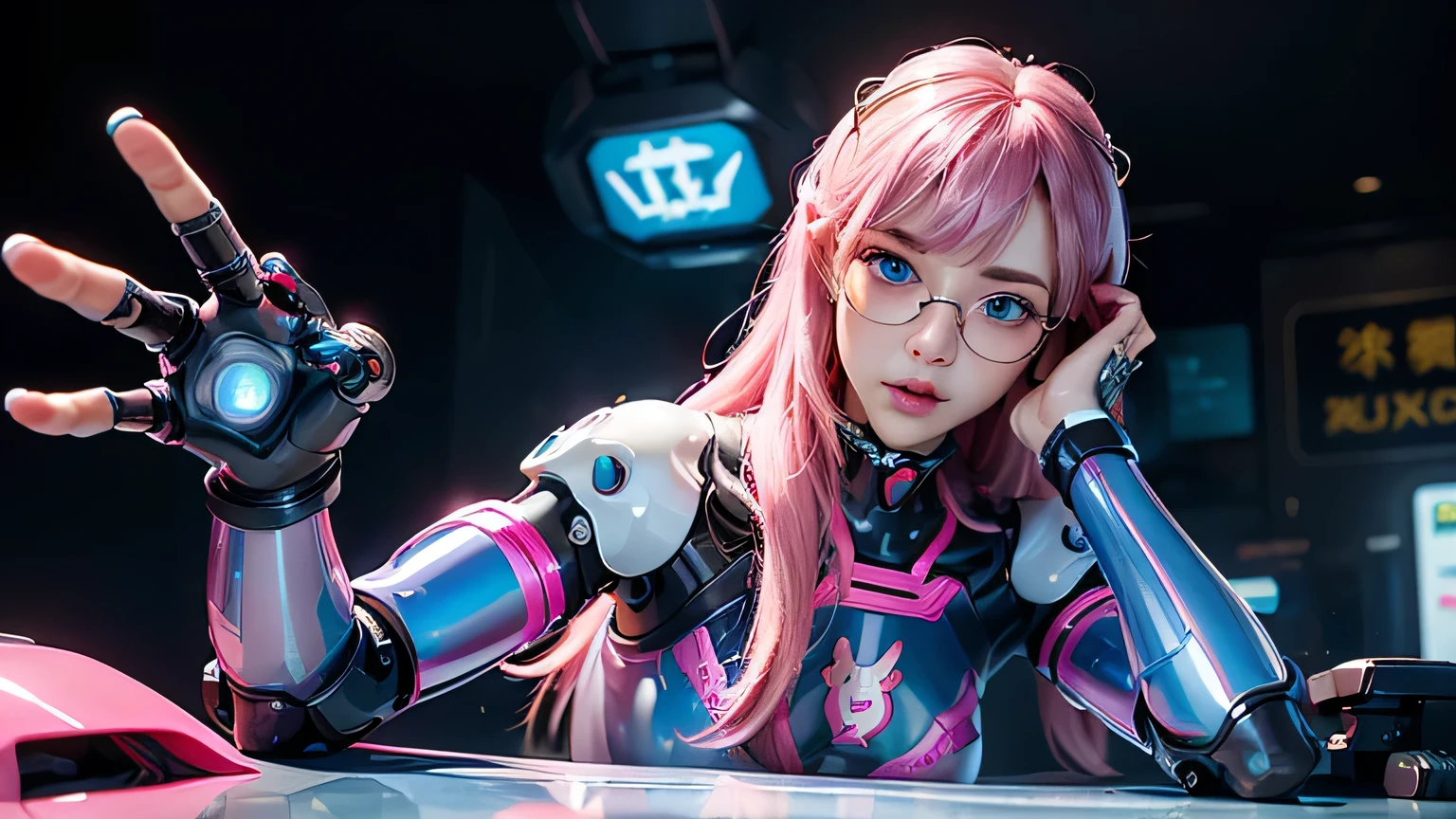 (La Highest quality,High resolution,Super detailed,Actual),Song Ha Na BodySuit white plastic transparent, Pink long hair, ,(Red Glasses、Cyberpunk spaceship、robot、cockpit :1.4 ), More detailed 8K.Unreal Engine:1.4,Ultra HD,La Highest quality:1.4, Realistic:1.4, Skin Texture:1.4, masterpiece:1.8,First Job, Highest quality,Object Object], (Detailed facial features:1.3),(Correct Proportions),(Beautiful Blue Eyes:1.4 ), (Cowboy pose), (Perfect Anatomy :1.4),( Facial details :1.4), (Song Ha Na:1.4), (Song Ha Na V2.1), (ダイナミックなCowboy pose), ,( Cyberpunk 2.1), (Latex Pilot Suit Pink and Pink :1.4), Bright colors, (Beautiful finger details :1.4), (Machine Cyborg Transparent Plastic :1.4)