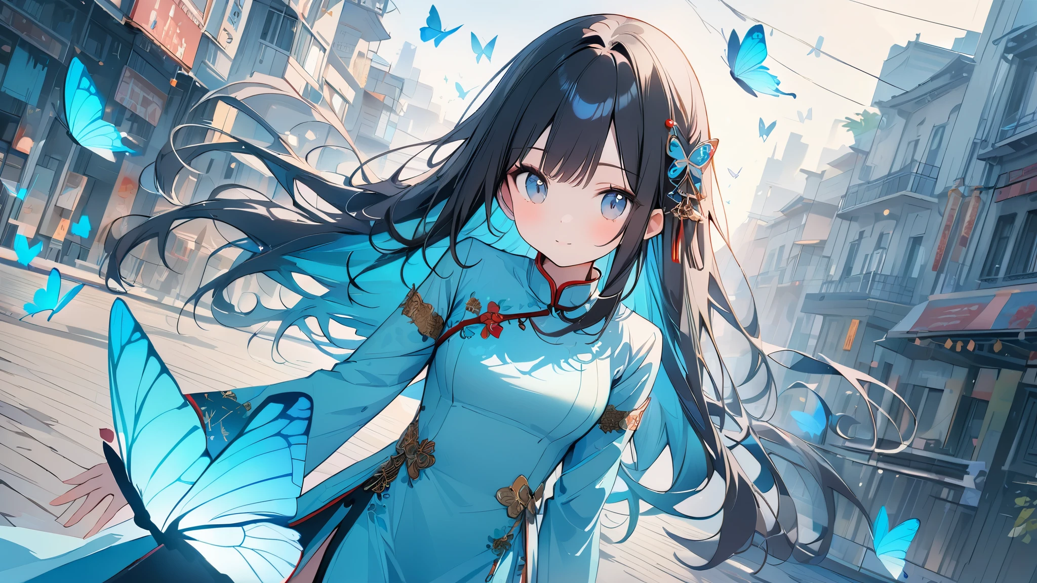 Very detailed、Very absurd、超High resolution, Attention to detail, high quality, High resolution, 最high quality, 4K, 8K, Awards、((ao dai))、Pale sky blue color、cute,Black Hair、Long Hair、Butterflies flying around、Vietnam cityscape background、(Wallpaper-style design)