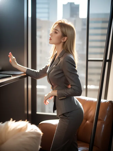 a confident woman with flowing blonde hair strikes a power pose, photographed from a low angle. she's wearing a tailored busines...