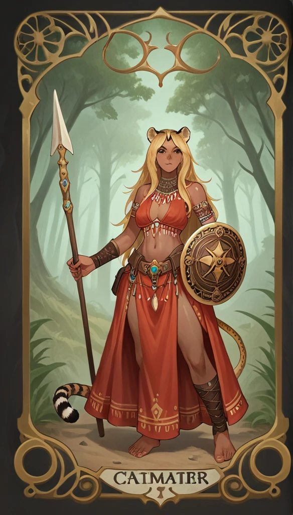 score_9, score_8_up, score_7_up, score_6_up, score_5_up, score_4_up, 
female, (cheetah:1.2), animal ears, holding spear in hand, holding shield in her other hand, long hair, dark_skin, dark_skinned_female, blonde hair, brown eyes, eyelashes, frills, tribal outfit,
Full body standing painting, (((solo))), Simple line design, ((tarot card background, symmetric beauty)), perfectly symmetrical, The art of symmetry, Standing drawings of characters, ((flatcolors)), tmasterpiecetop Qualities qualtiy