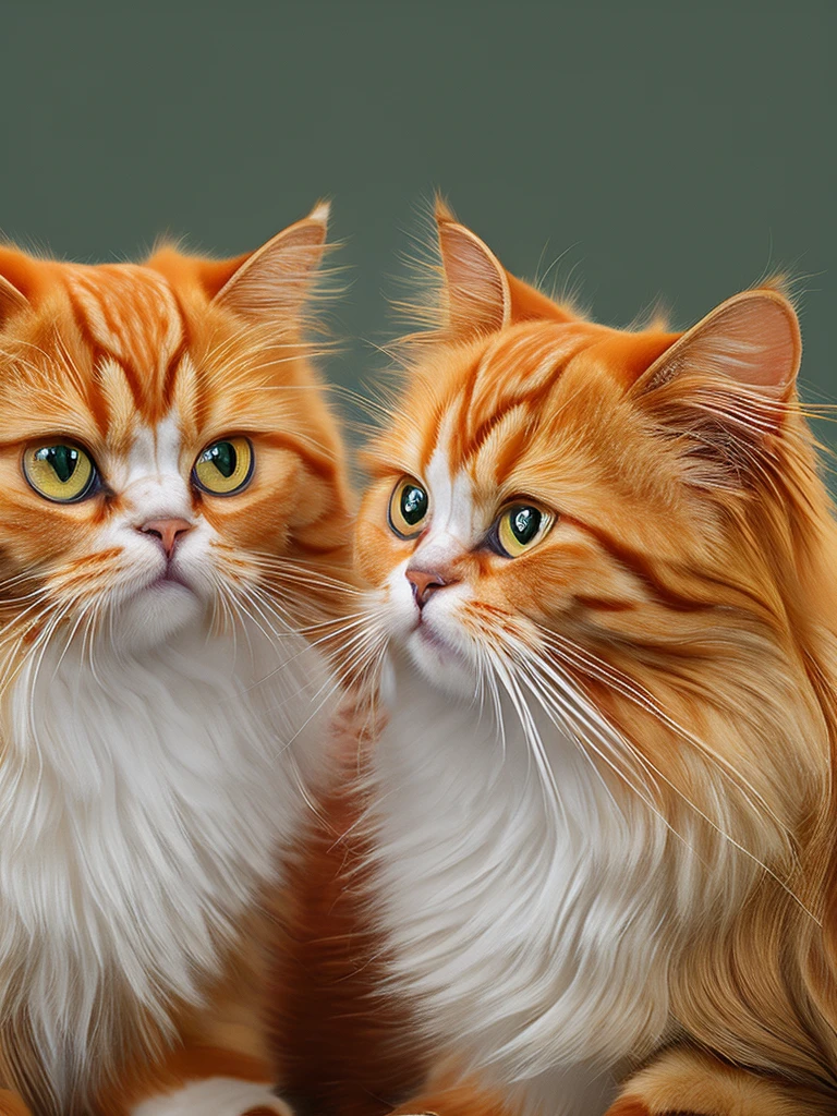 一對長著厚厚的橘色皮毛的波斯貓, 穿着衣服与 "昆西" 和 "樱桃" 文字, 詳細的貓科動物面部特徵, 可愛的貓姿勢, 非常詳細, 逼真的, 8K, 得獎,傑作,鮮豔的色彩,演播室燈光, 动态合成